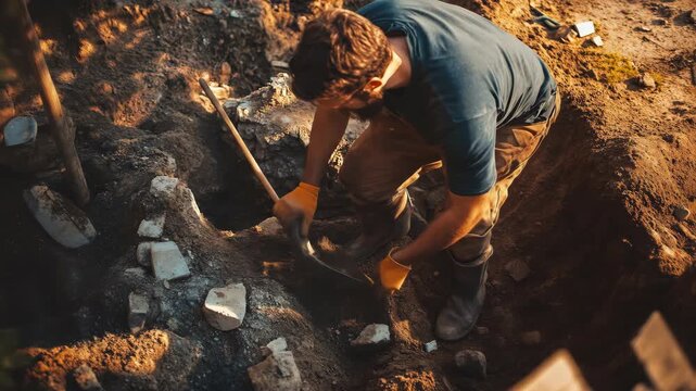 A man digs in the dirt, carefully excavating, perhaps as an archaeologist at a site or simply doing some manual labor for his job outside. The shovel is indispensable.