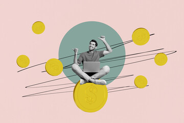 Contemporary artwork collage of happy businesswoman businessman receive dollar coin transaction...