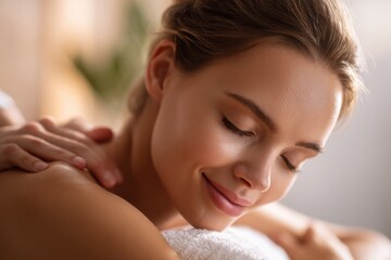 Relaxing woman receiving shoulder massage at spa with peaceful expression and soft lighting.