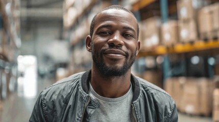 Obraz premium Smiling African American Warehouse Worker Standing in Storage Facility with Boxes.