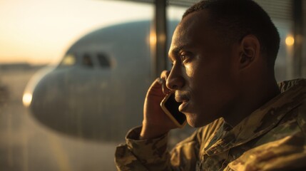 Military personnel talking on phone at airport terminal window with airplane in background.