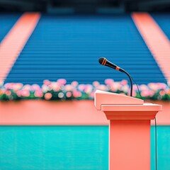 Wireless Microphone on Coral Podium with Teal and Blue Background