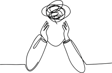Continuous one line drawing of person with confused messy feelings worried about bad mental health. Work burnout and anxiety concept in simple linear style. Editable stroke. Vector illustration