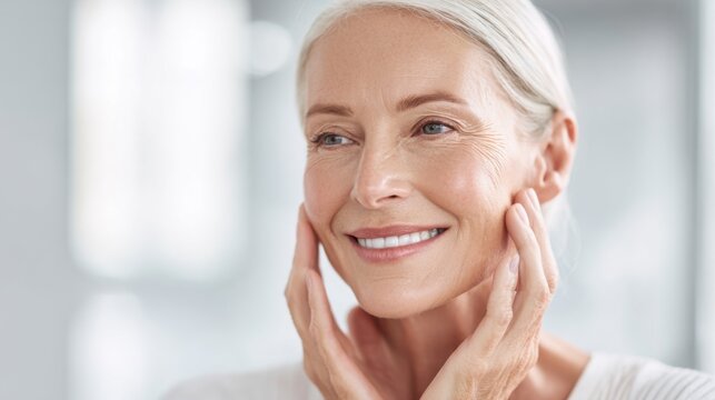 Close-up of smiling mature woman with clear skin and relaxed expression indoors.
