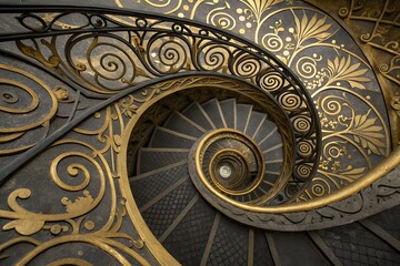 Obraz premium Elegant spiral staircase with ornate golden railing in vintage architectural style