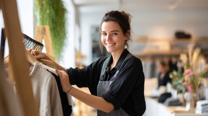Happy young woman working in cozy clothing store arranging clothes on rack indoor.