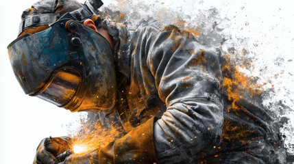 Close-Up of Welder Wearing Protective Mask with Sparks and Particle Effects

