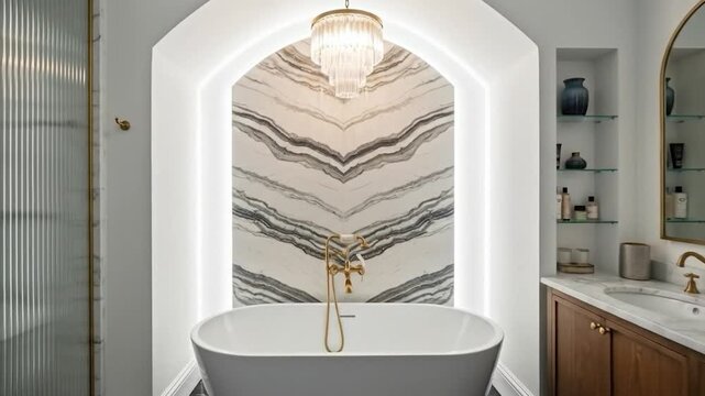 Elegant bathroom featuring a freestanding white bathtub, marble accent wall with chevron pattern, and a decorative chandelier.