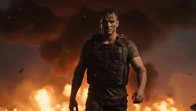 Action movie scene: man walking away from explosion special effects shot