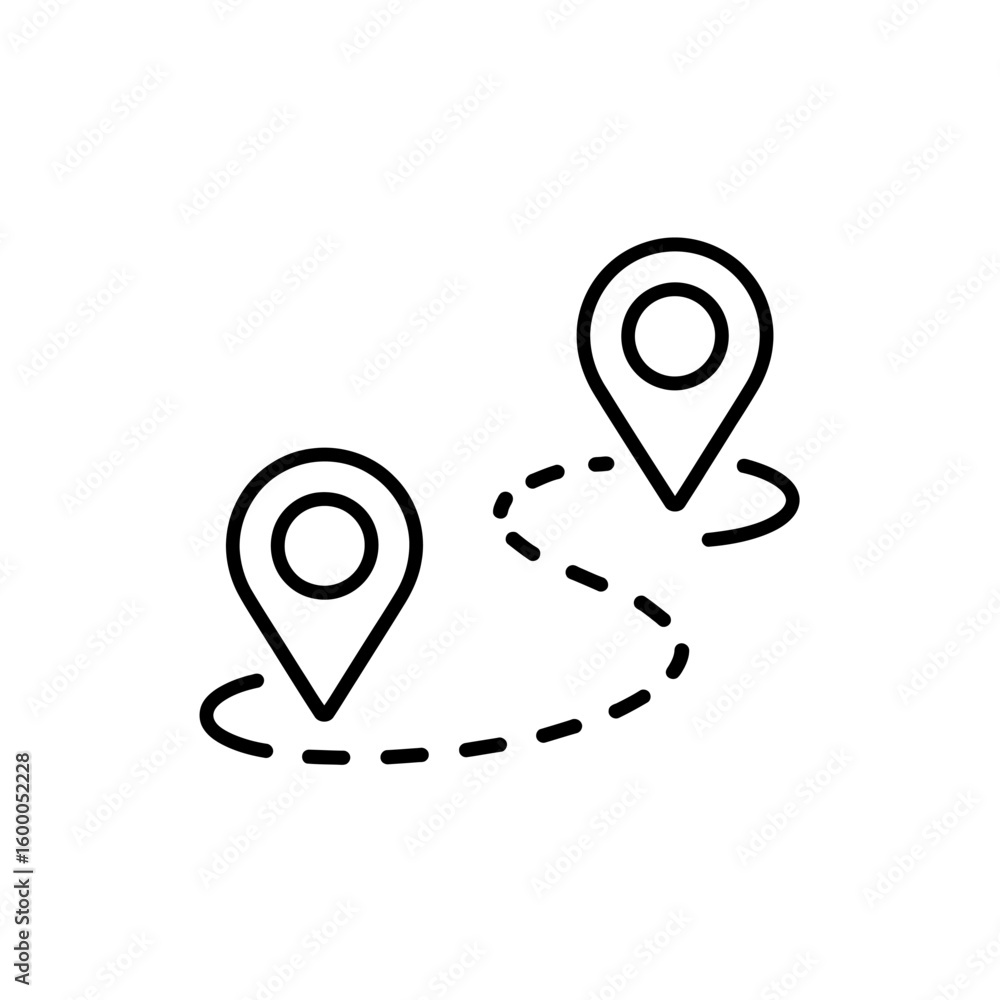 Poster two location pins connected by a dashed line representing a route or journey