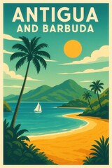 Fototapeta premium Colorful travel artwork showing a sunset in Antigua and Barbuda with calm beach, tall palm trees, orange sky, and peaceful ocean surrounded by lush island hills