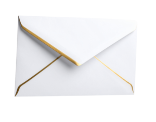 A - 3D White Envelope Icon with Gold Edges, Floating and Tilted.