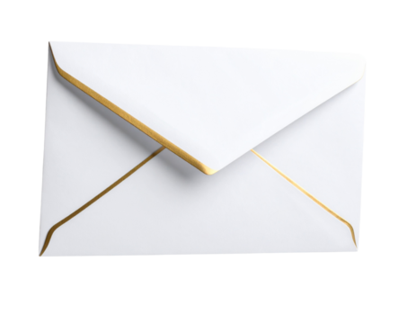 A - 3D White Envelope Icon with Gold Edges, Floating and Tilted.
