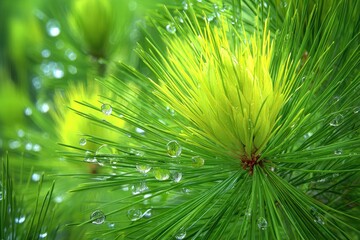 Close-up of pine needles with dew drops.  Bright, vibrant green needles.  Soft focus on a central, light-yellow cone