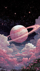  8-bit pixel art background of a ringed planet floating in a pink cloud sky with stars. Vertical format for mobile fantasy or space-themed games