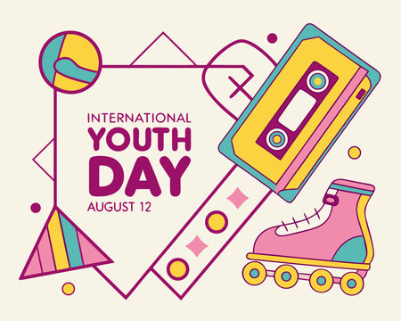 retro 80s vector style with neon colors and nostalgic icons celebrating international youth day on august 12, ideal for creative campaigns.