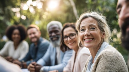 Diverse group of happy seniors and adults enjoying outdoors in sunny park setting.