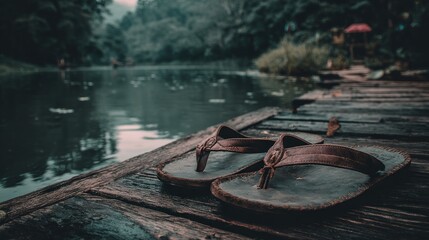 Sandals by tranquil lake