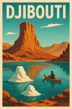 Poster illustration showing a person paddling a canoe on Lake Assal in Djibouti surrounded by salt formations, rocky cliffs, and turquoise water under a clear sky
