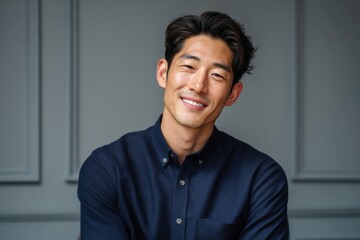 Friendly young Asian man with dark hair smiling in casual navy shirt indoors.