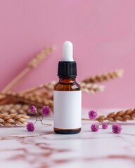 Elegant white cosmetic bottle on marble with pastel pink background and dried floral accents