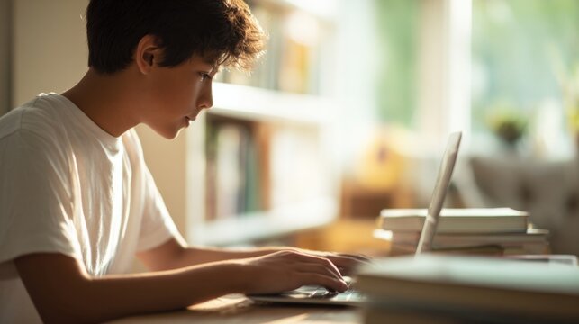 Young boy studying at home using a laptop with books on table in bright natural light. - Powered by Adobe
