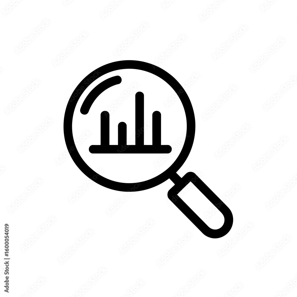 Poster magnifying glass examining a bar chart representing financial data analysis and growth