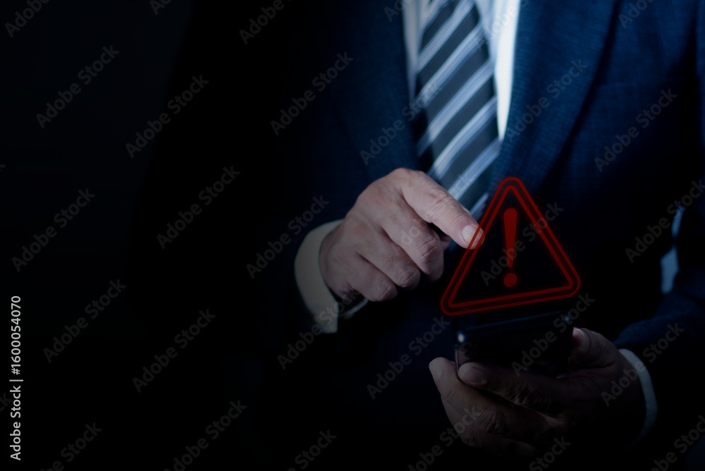 Poster man using smartphone. emergency warning alert alarm on smartphone, notification error and virus dete