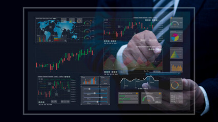 Concept of virtual dashboard technology digital marketing and global economy network connection. Business finance data analytics graph. Advisor using KPI Dashboard on virtual screen.