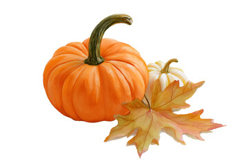 Isolated fall maple leaf and pumpkin. Isolated fall leaves with pumpkins.