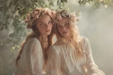 Two young women in floral crowns and vintage lace dresses in a sunlit forest.