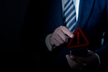 Man using smartphone. Emergency warning alert alarm on Smartphone, Notification error and virus detection spyware, Internet network security concept.