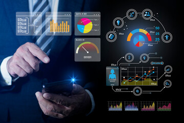 Concept of virtual dashboard technology digital marketing and global economy network connection. Business finance data analytics graph. Advisor using KPI Dashboard on virtual screen.