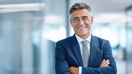 Fototapeta premium Professional mature businessman in formal suit smiling confidently in modern office setting.