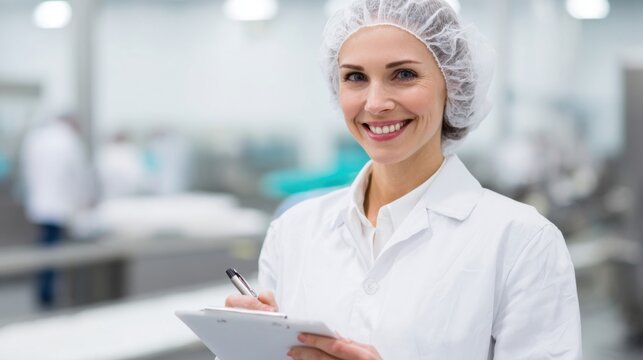 Female scientist smiling holding clipboard in laboratory with scientific equipment Background.