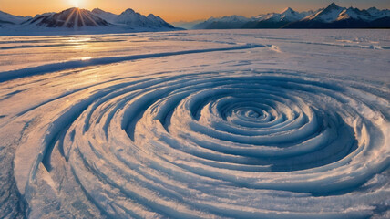 Spiral Snow Pattern on Glacier at Sunset