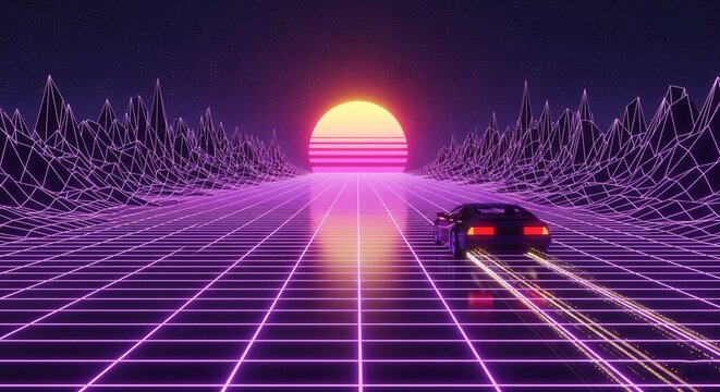 Retro synthwave drive through neon mountains under a starry sky