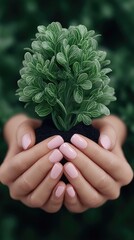 Woman's Hands Gently Holding a Small Green Plant in Dark Background