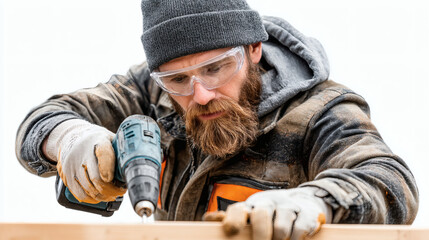 Bearded Carpenter Drilling Screw into Wood Wearing Safety Glasses and Gloves

