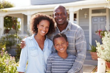 Naklejka premium Happy African American Family Outdoor Portrait Smiling Together in Front of House.