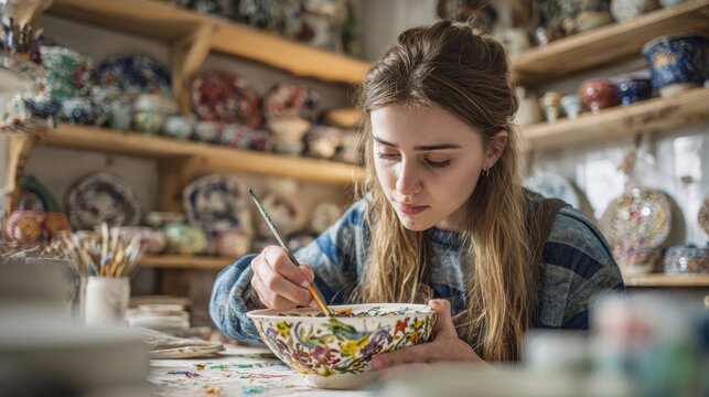 Young woman painting floral design on ceramic bowl in pottery studio workshop.