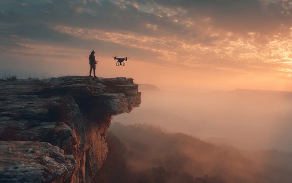 Videographer flying drone at sunrise over a misty valley from a cliff