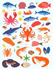 Obraz premium vector illustration of fresh sea food set collection