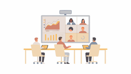Illustration of a business meeting with remote participants on a large display screen in a conference room