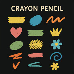 Bright Crayon Pencil Drawing Elements with Hand Drawn Icons and Shapes on Black Background for Art, Craft, and Design Use

