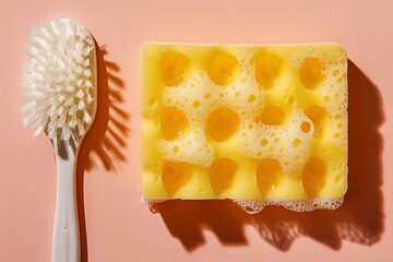 Minimalist flat lay of yellow sponge, cleaning brush, and soap on soft peach background with shadows