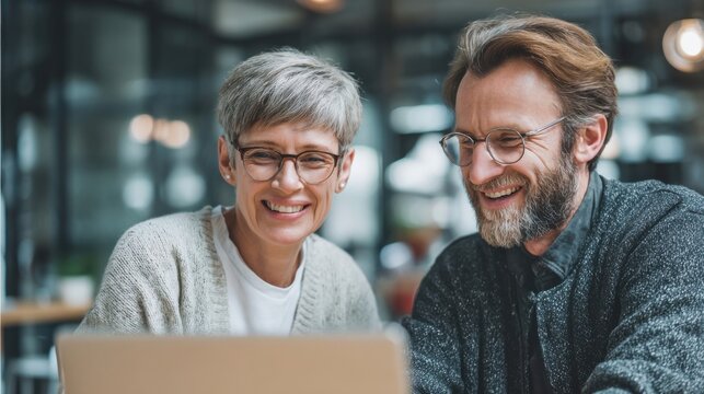 Happy mature couple with glasses smiling and using laptop in modern cafe setting.