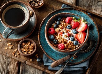 Healthy breakfast with granola, berries, yogurt and coffee served on rustic wooden tray