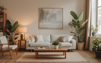 Modern living room with sofa and plants coffee table