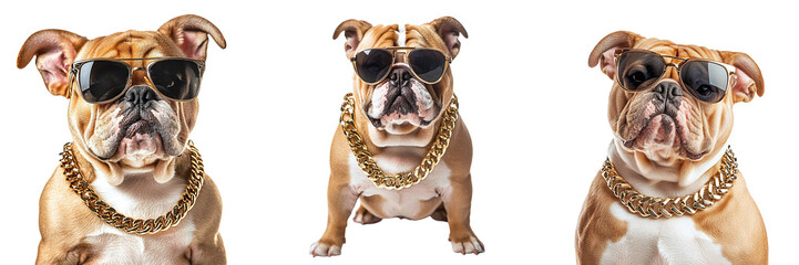 Set of cool dogs in glasses with a gold chain isolated on transparent background PNG
